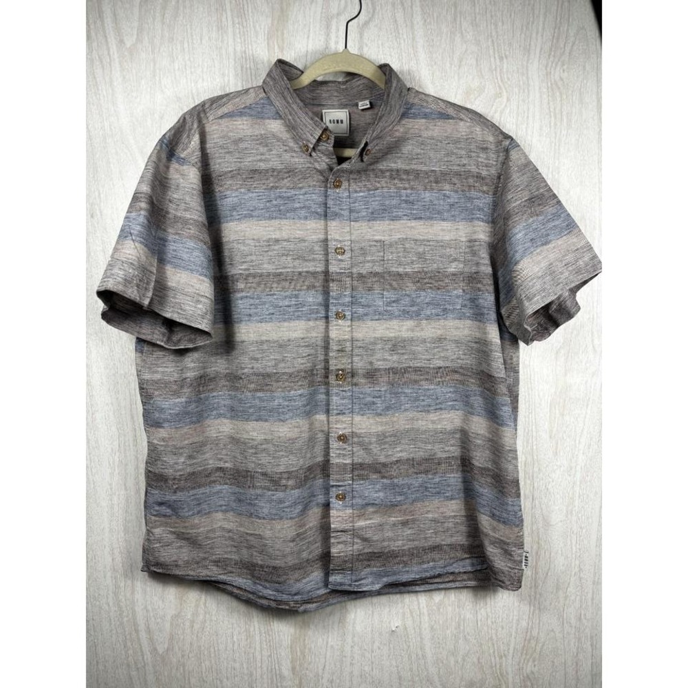ROWM‎ Rec Relax Shirt XL Striped Button Up Short Sleeve Casual Gray Blue